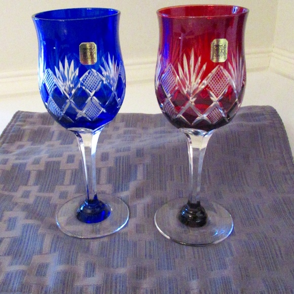 1  Red & 1 Blue Hand cut to clear glass Stemware - Picture 1 of 11